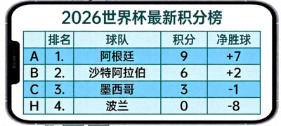 2026世界杯最新积分榜截图，显示各小组球队排名、积分和净胜球